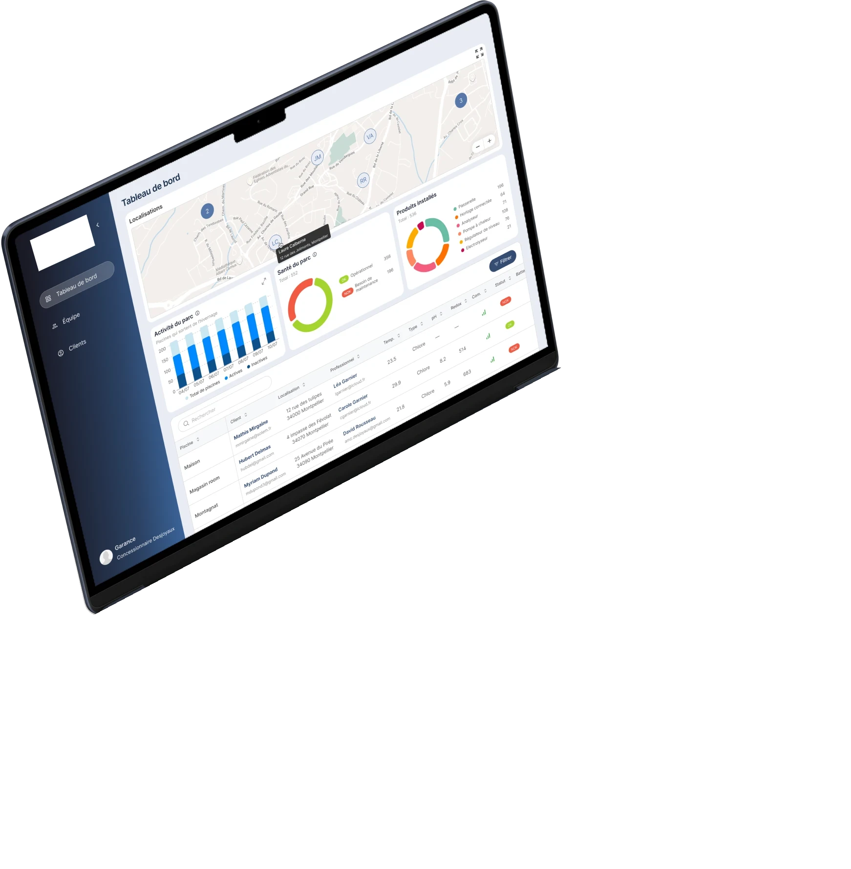 Tableau de bord de la plateforme professionnelle, affiché sur un ordinateur portable
